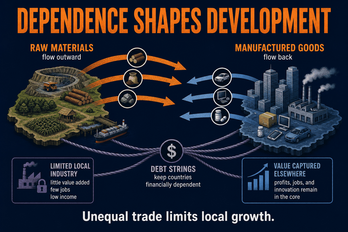 AP Human Geography dependency theory infographic showing unequal trade, raw material exports, manufactured imports, debt, and limited local development.