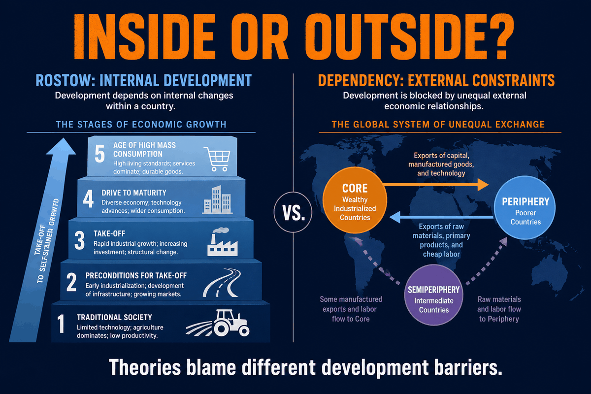 AP Human Geography dependency theory versus Rostow infographic comparing internal modernization stages with external unequal relationships.