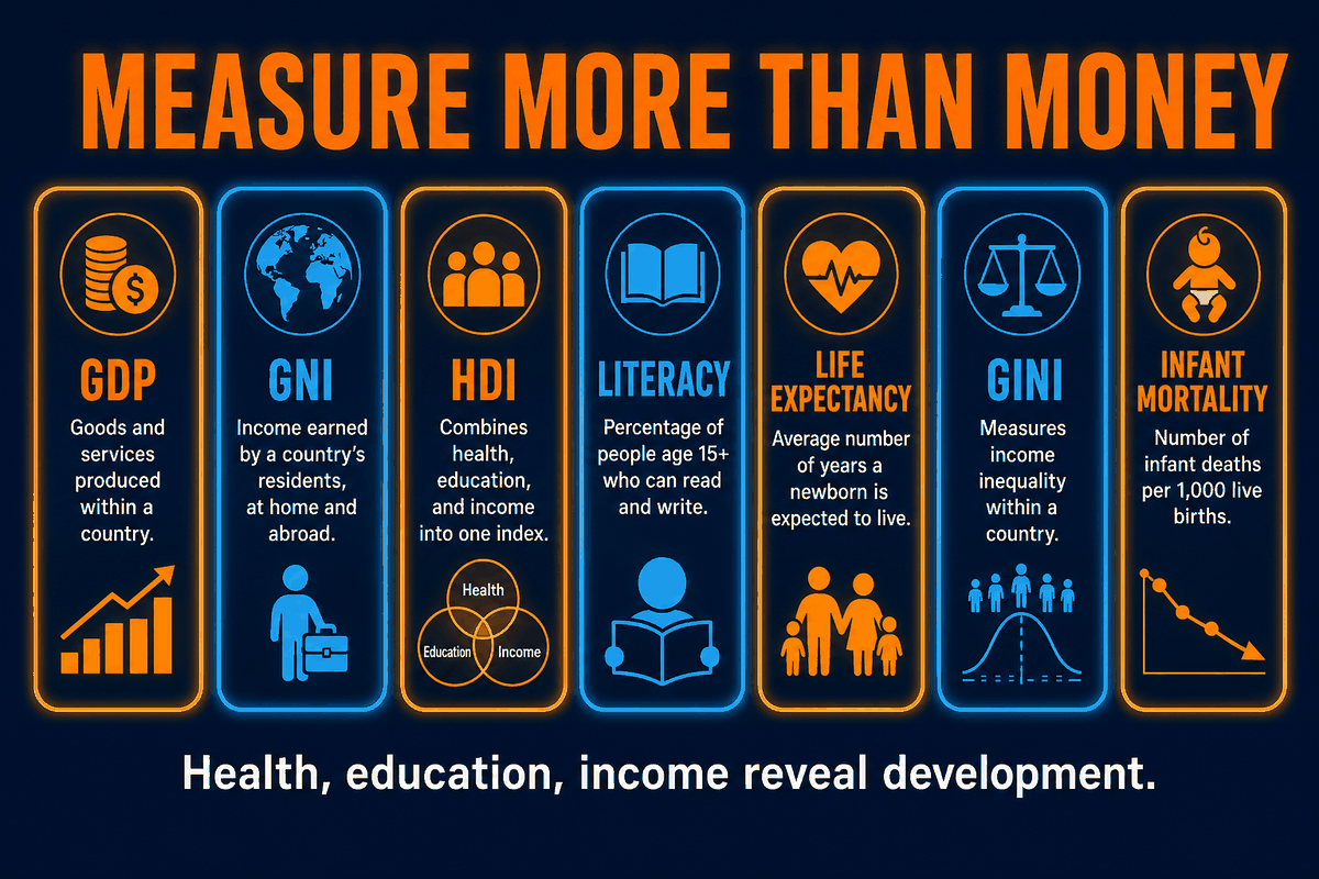 AP Human Geography development indicators infographic showing GDP, GNI, HDI, literacy rate, life expectancy, infant mortality, and inequality measures.