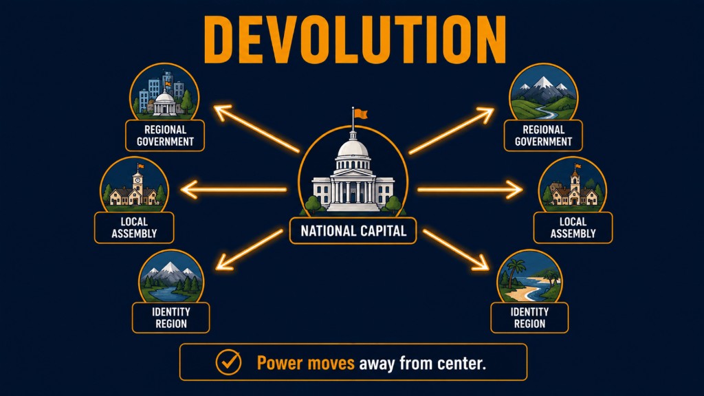 Devolution AP Human Geography image showing political power moving from a central government to regional governments