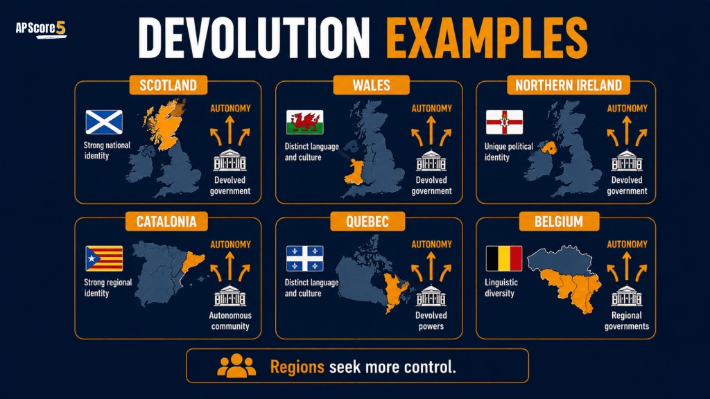 Devolution examples AP Human Geography image showing Scotland Catalonia Quebec and Belgium as regional autonomy examples