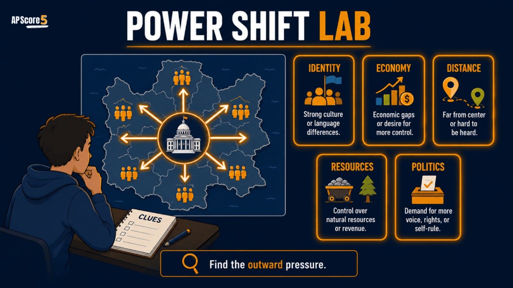 Devolution power shift lab AP Human Geography image showing regional pressures pushing political power away from the central government