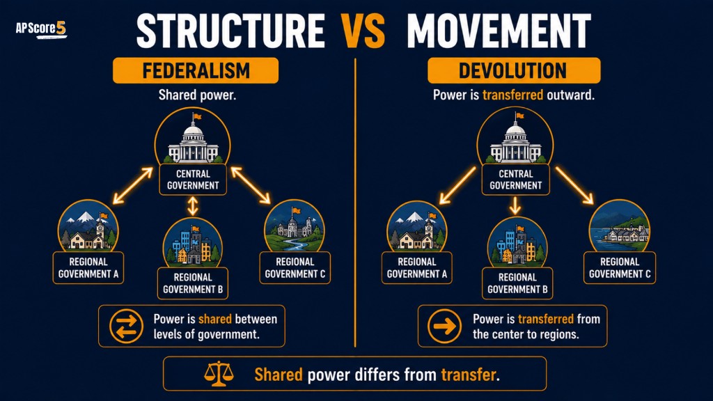Devolution vs federalism AP Human Geography image showing shared power structure compared with power moving from center to regions