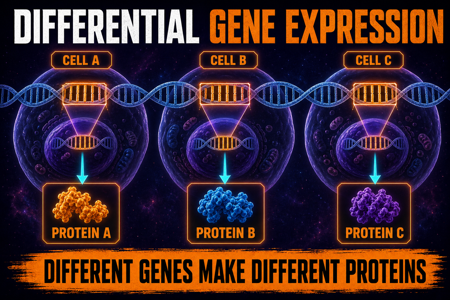 Differential gene expression AP Biology showing different cells expressing different genes from the same DNA