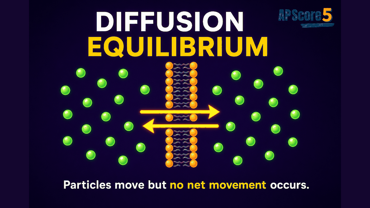 Diffusion equilibrium AP Biology infographic showing particles evenly distributed with movement in both directions but no net movement