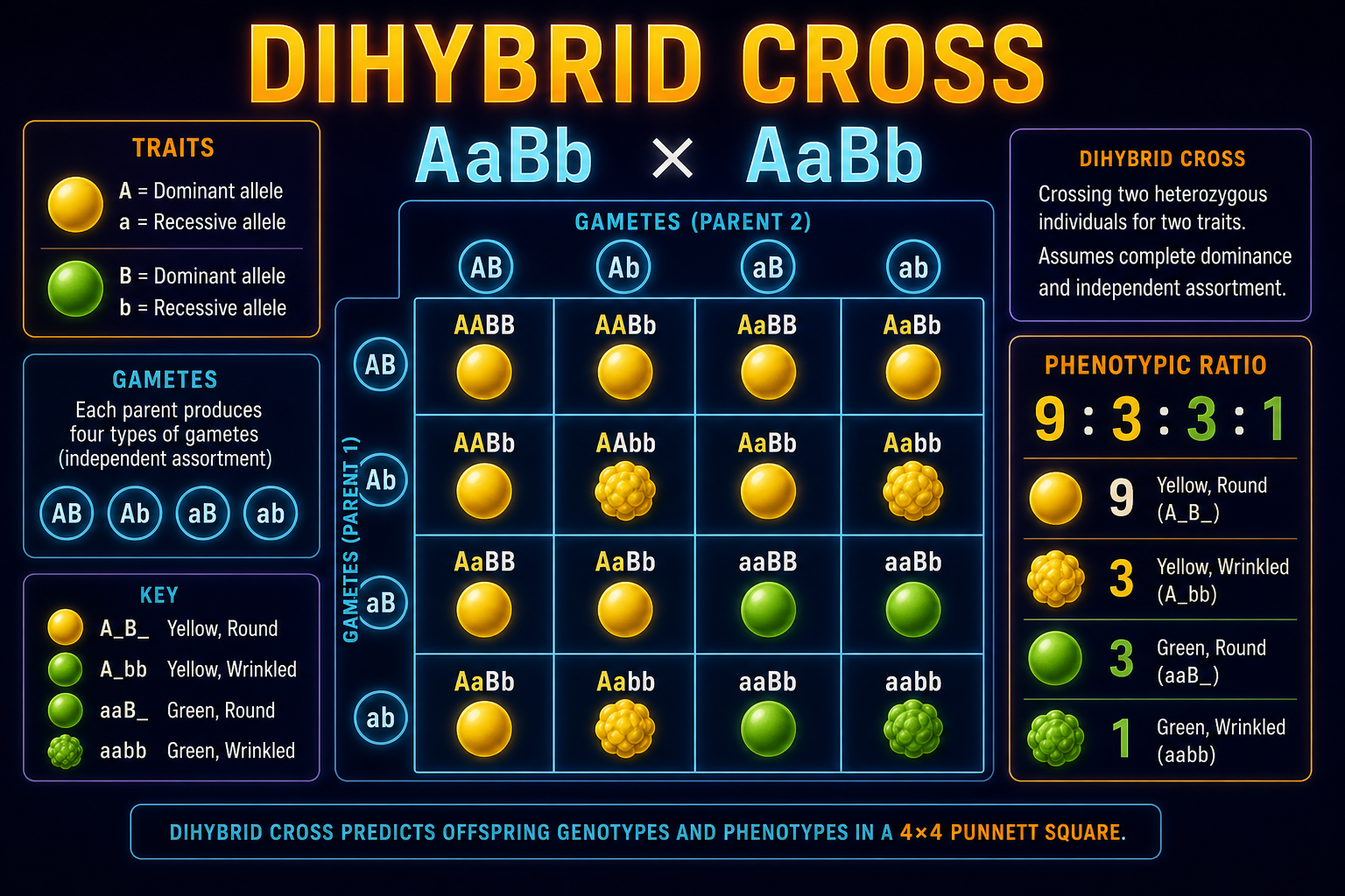 AP Biology dihybrid cross infographic showing AaBb by AaBb, FOIL gametes, 4x4 Punnett square, independent assortment, and 9:3:3:1 ratio