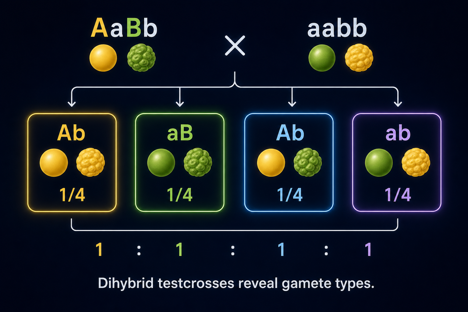 AP Biology dihybrid testcross extension showing AaBb crossed with aabb and one-to-one phenotype categories