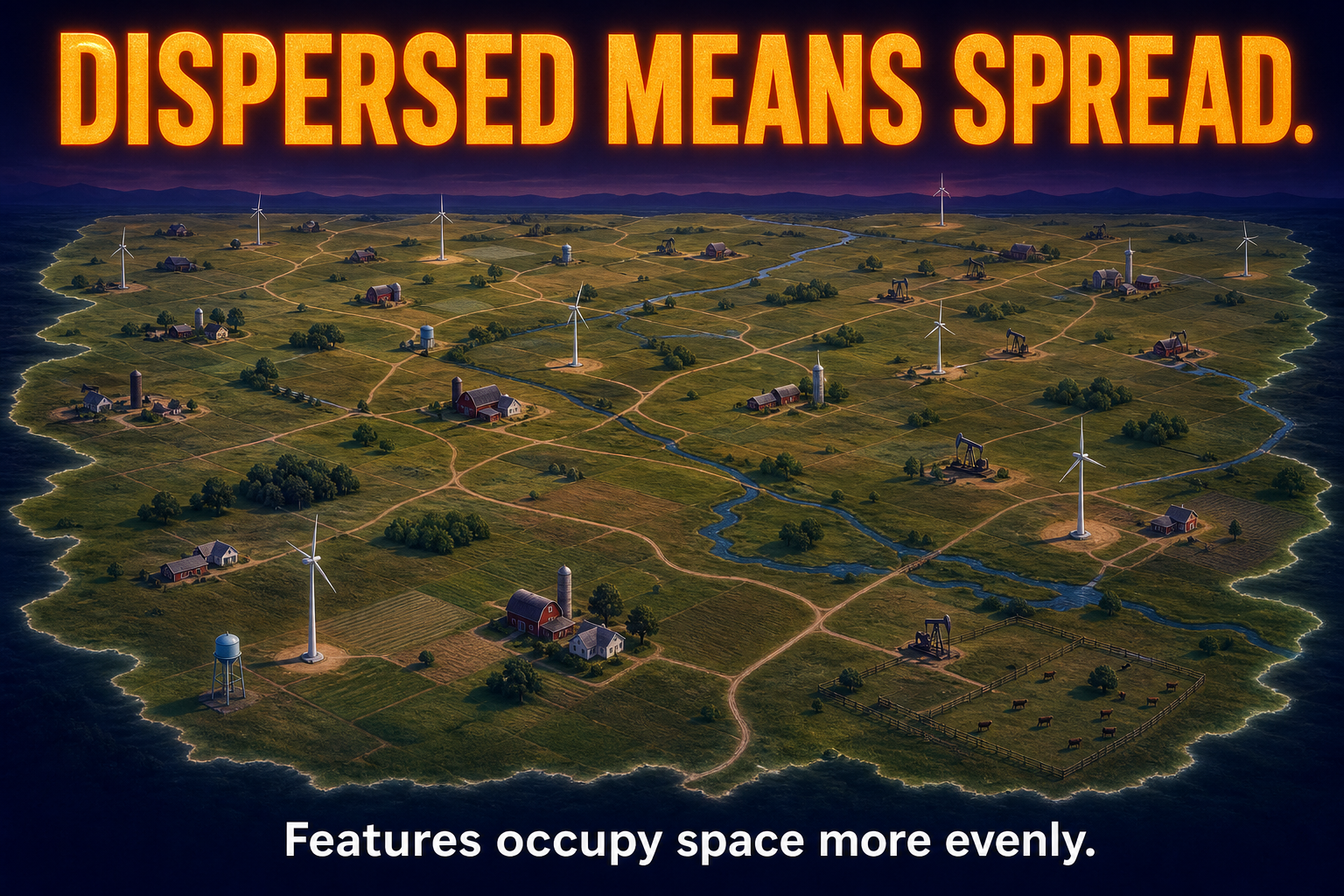 Dispersed Distribution AP Human Geography Dispersed distribution in AP Human Geography showing farms ranches wind turbines and wells spread across rural space
