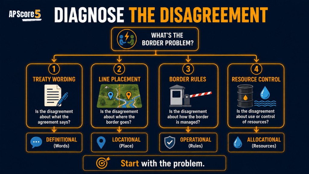 Boundary dispute diagnosis rule AP Human Geography image showing wording placement management and resource clues