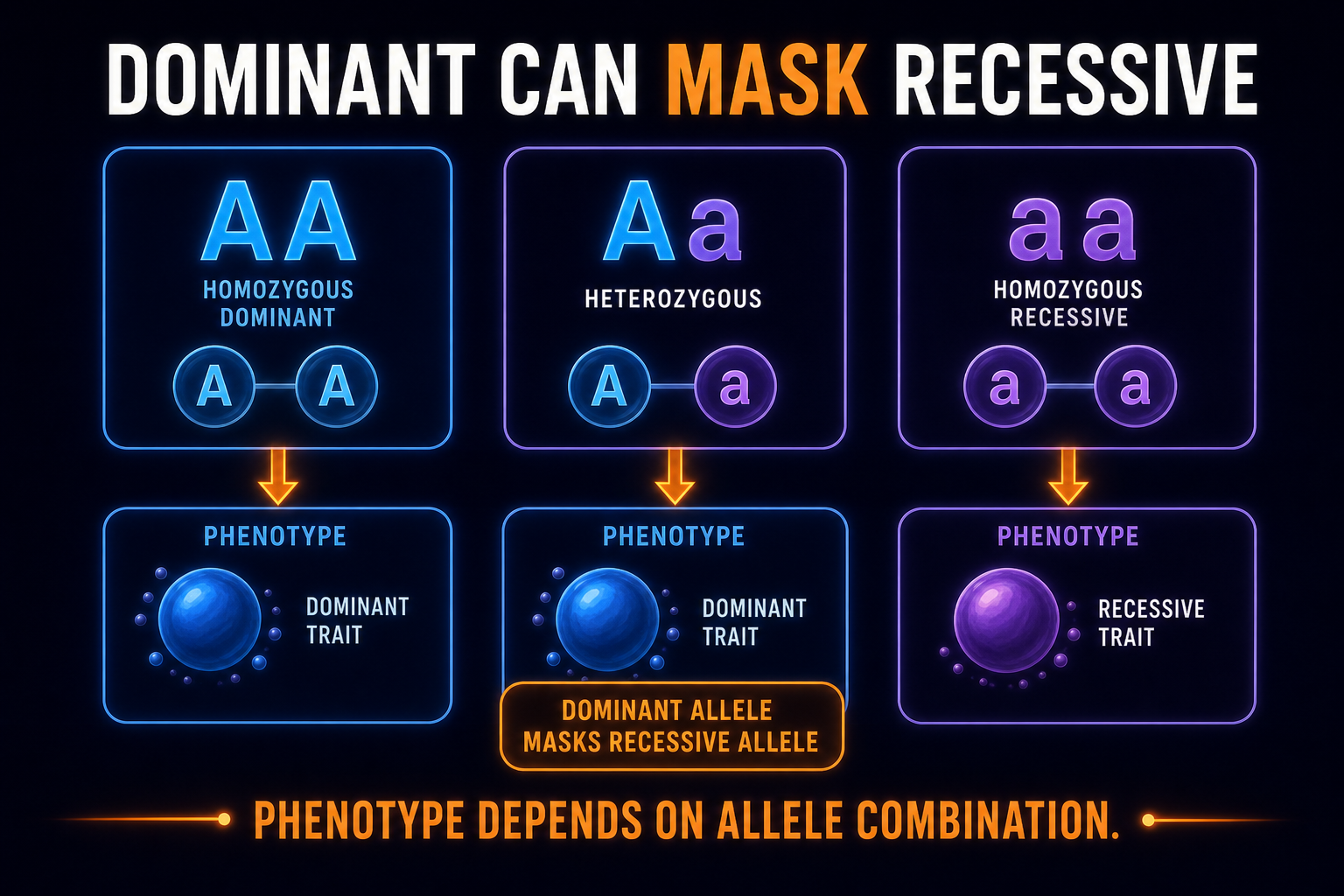 AP Biology dominant and recessive allele infographic showing AA, Aa, and aa genotype effects on phenotype