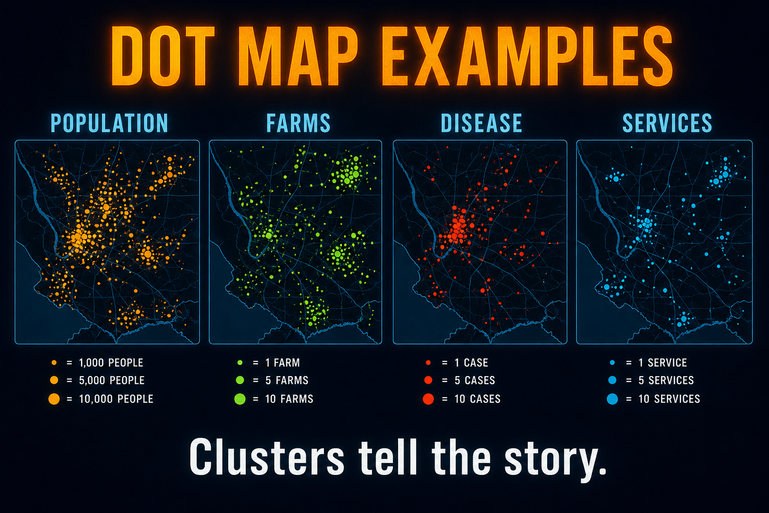 Dot distribution map examples in AP Human Geography including population farms disease cases religious groups stores and clinics