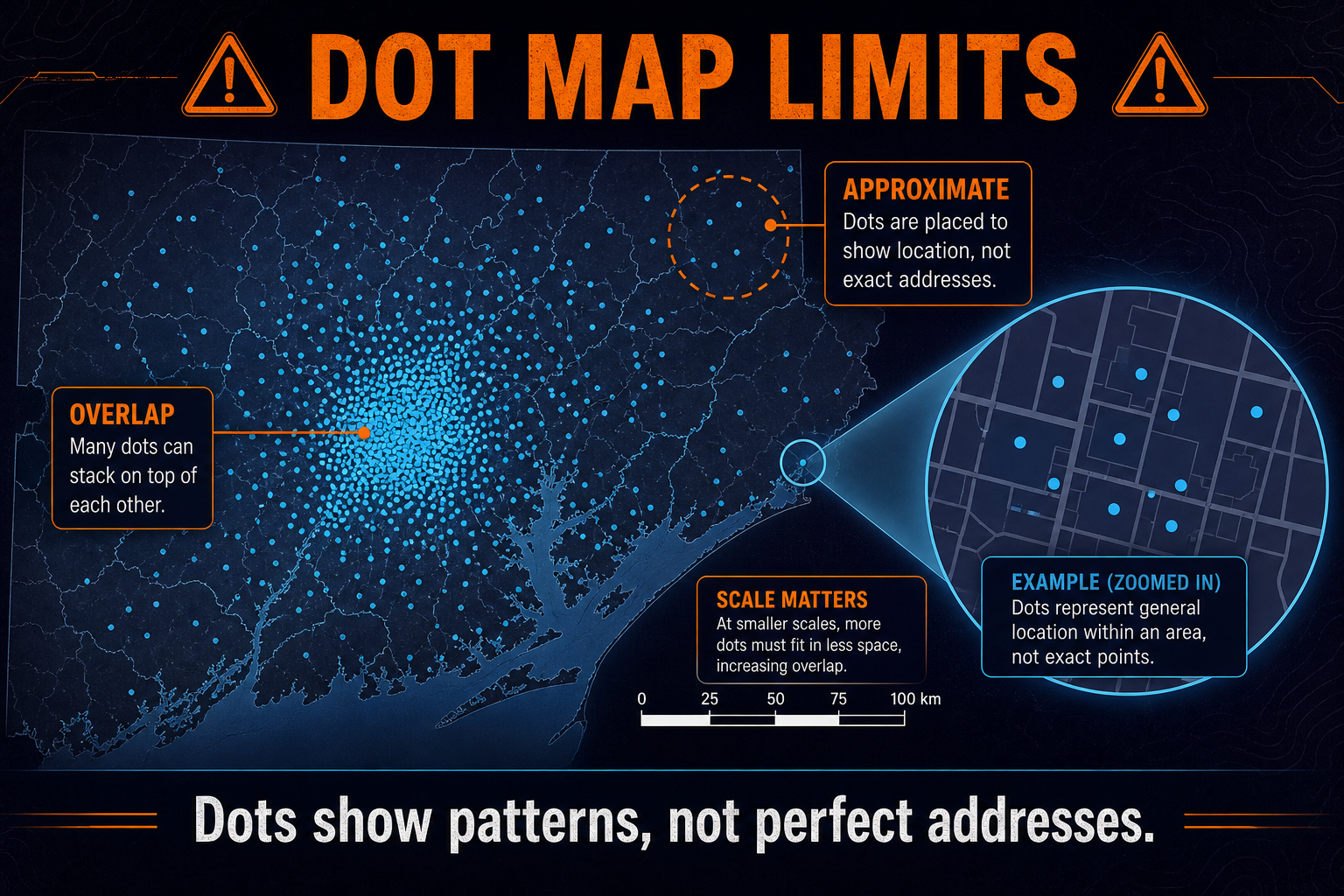 Dot distribution map limitations in AP Human Geography showing approximate dot placement visual clutter and scale issues