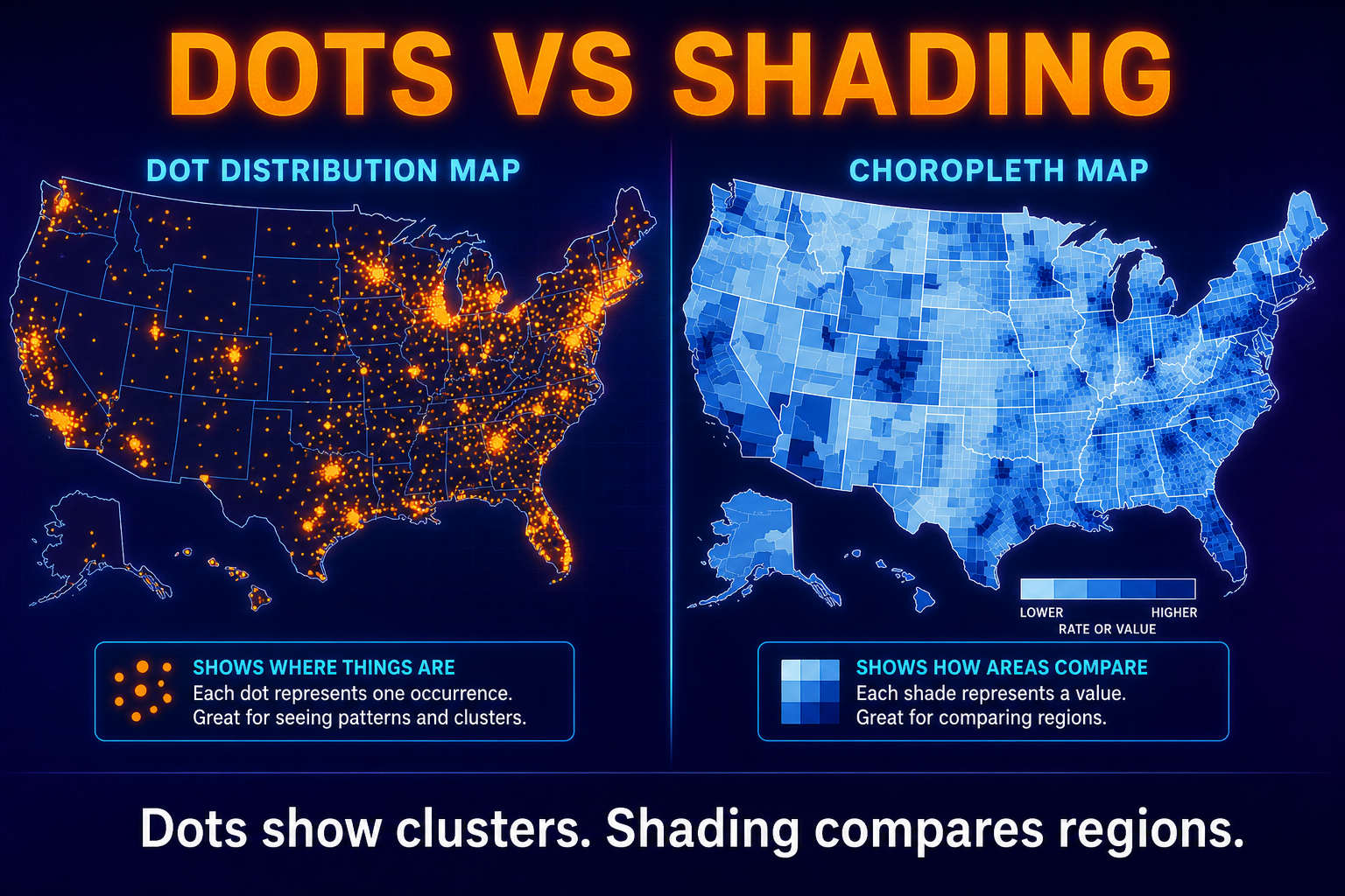 Dot distribution map versus choropleth map in AP Human Geography showing dots for clusters and shaded regions for rates