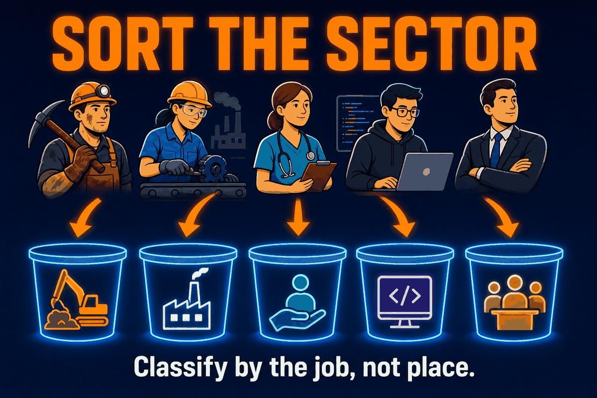 AP Human Geography economic sector confusion infographic showing how to classify jobs by activity rather than location, wealth, or country.