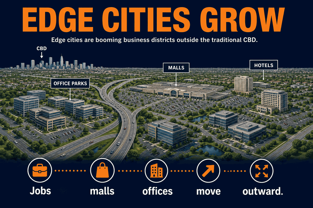 AP Human Geography edge city infographic showing suburban job centers, malls, office parks, highways, hotels, and retail outside the CBD.