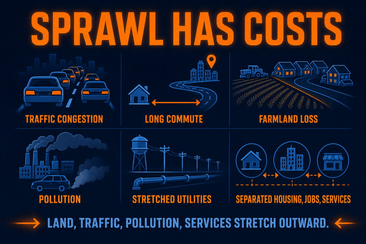 AP Human Geography urban sprawl effects infographic showing traffic congestion, farmland loss, longer commutes, pollution, infrastructure costs, and separated land uses.