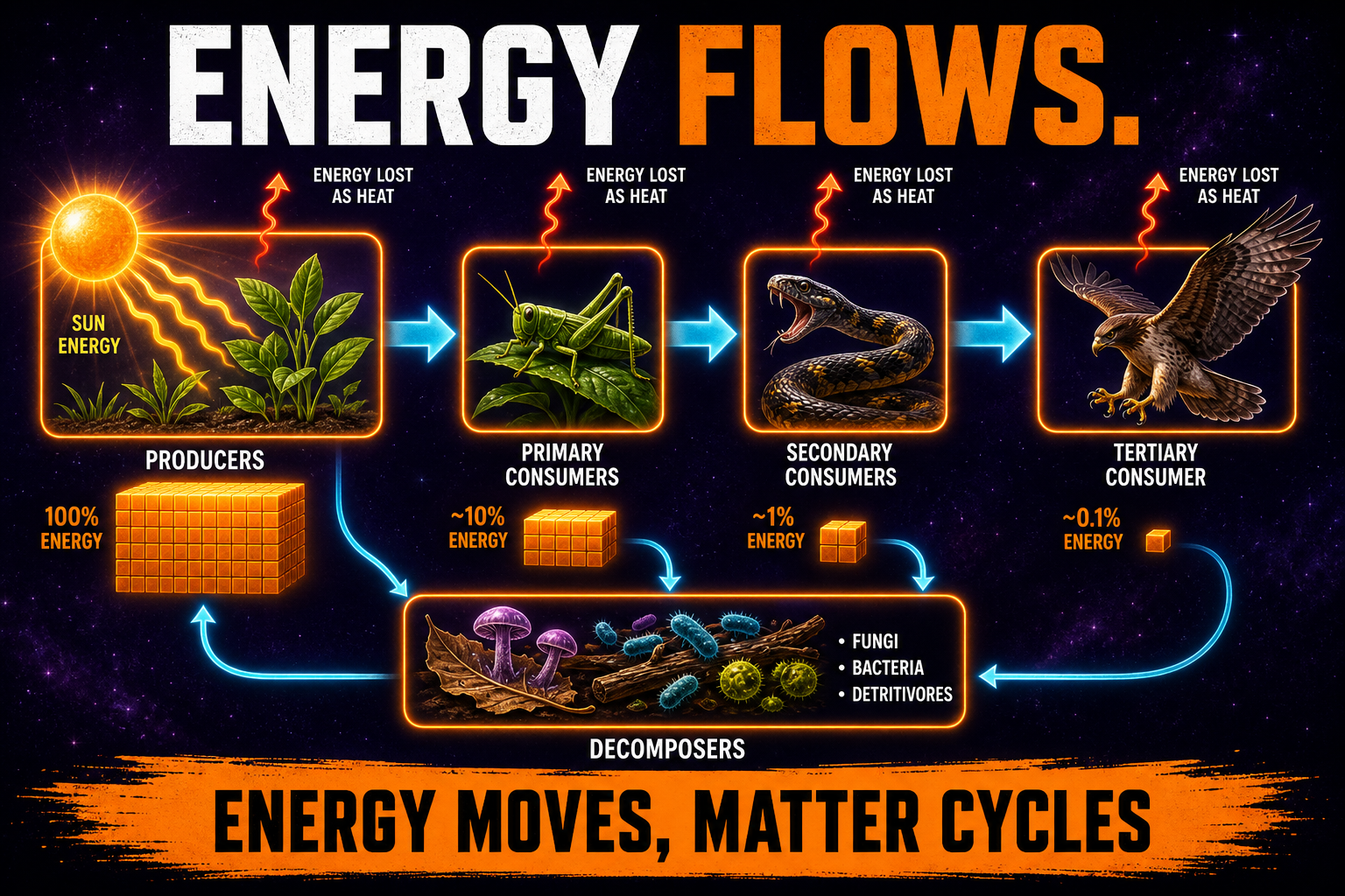 Energy Flow Through Ecosystems AP Biology Energy flow through ecosystems AP Biology showing sun producers consumers decomposers trophic levels and heat loss