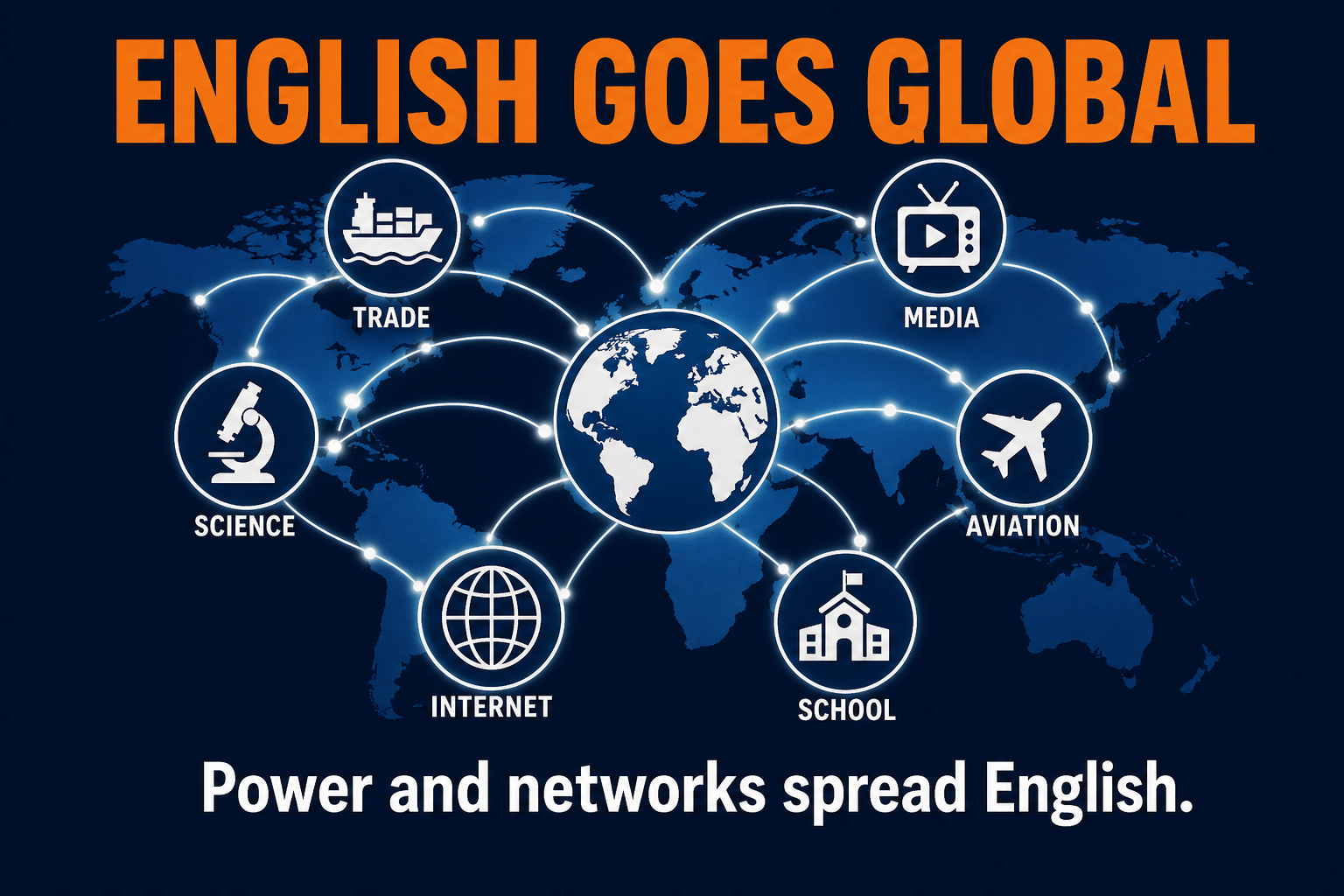 English as a Global Lingua Franca AP Human Geography visual explaining English as a global lingua franca through trade media science aviation education and global networks