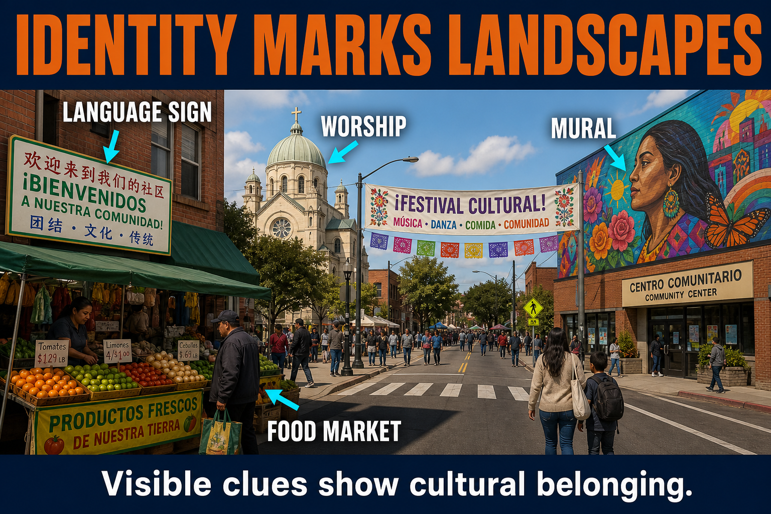 AP Human Geography ethnic identity cultural landscape visual showing heritage language signs food markets worship buildings murals festivals and community centers