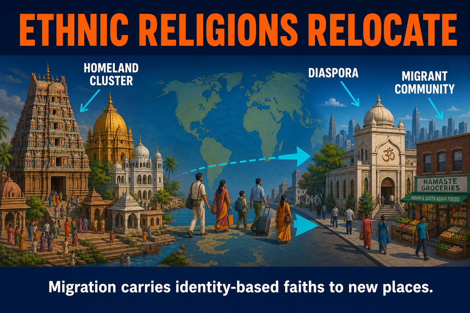 Ethnic Religion Diffusion AP Human Geography AP Human Geography ethnic religion diffusion visual showing homeland clustering and migrant arrows to diaspora communities abroad
