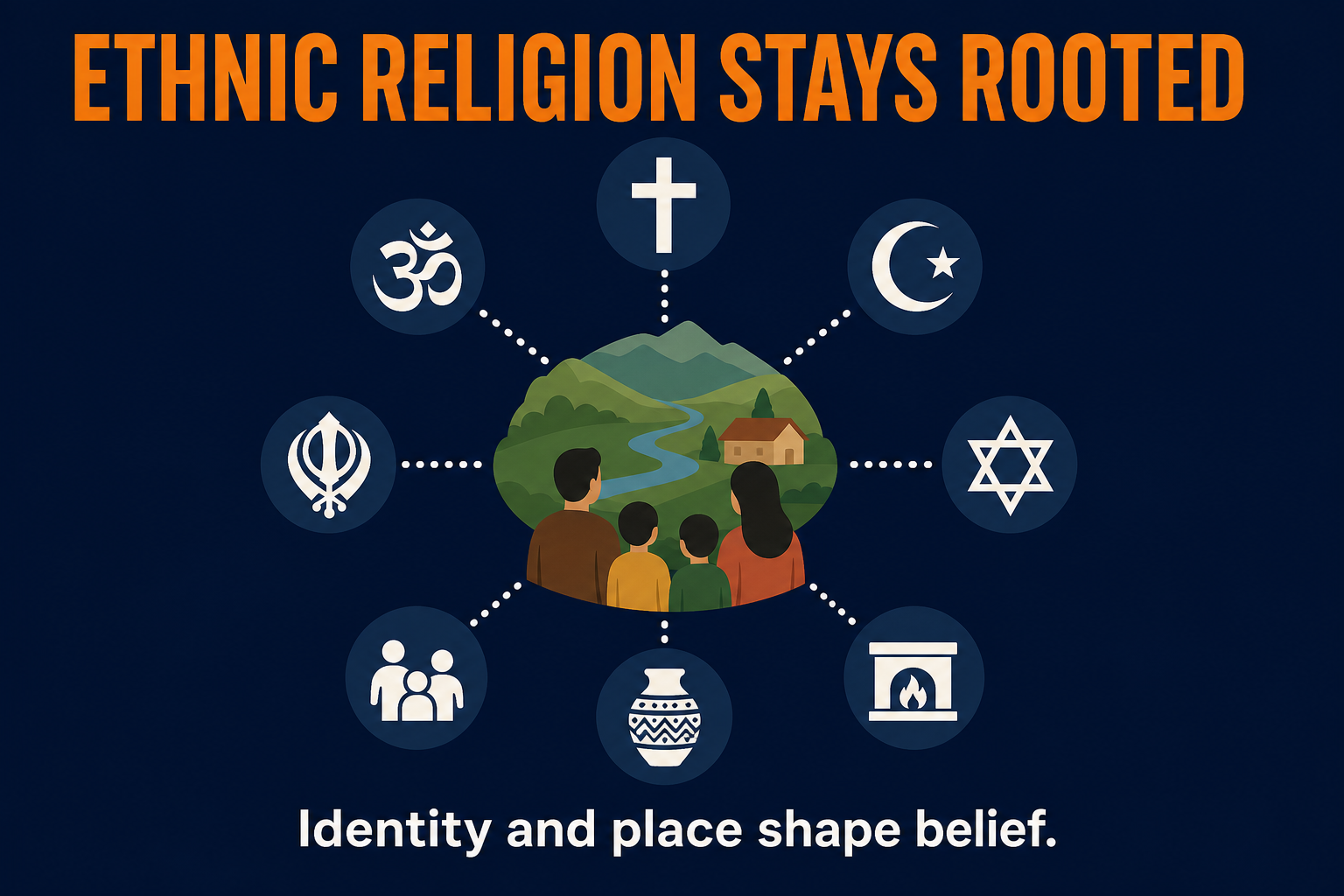 Ethnic religion AP Human Geography visual showing religion rooted in homeland culture ancestry and place