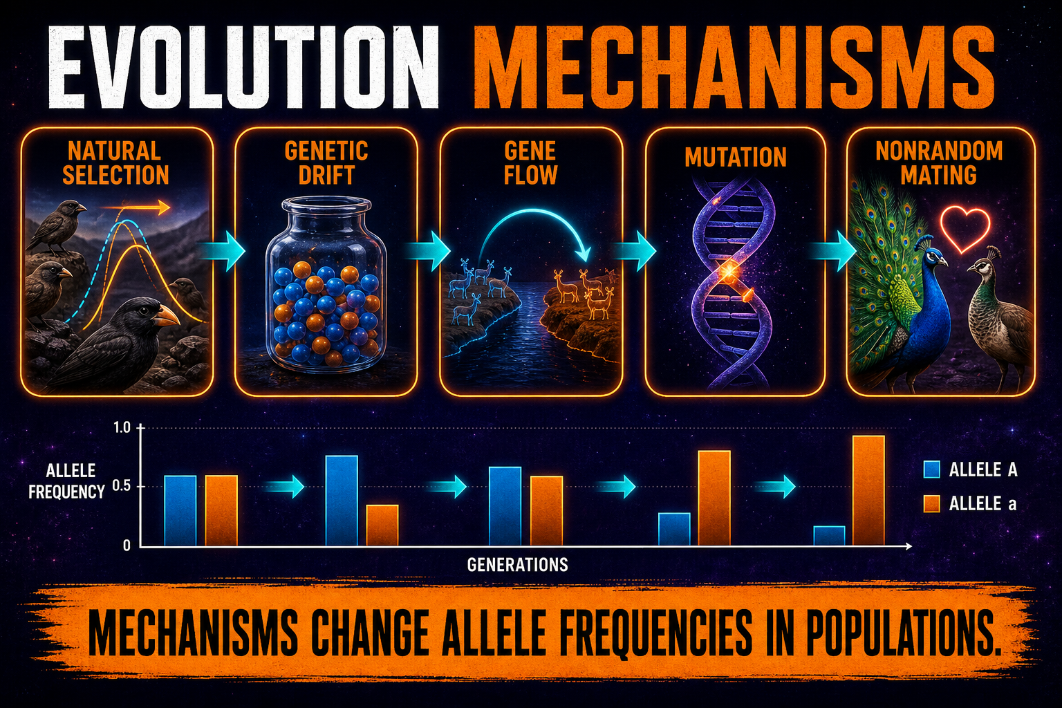 AP Biology Unit 7 evolution mechanisms showing natural selection genetic drift gene flow mutation and allele frequency change