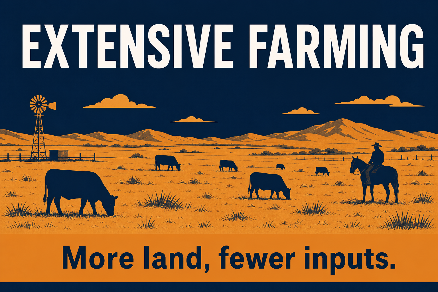 Extensive agriculture AP Human Geography infographic showing large fields or ranch land with lower labor and capital inputs per unit area