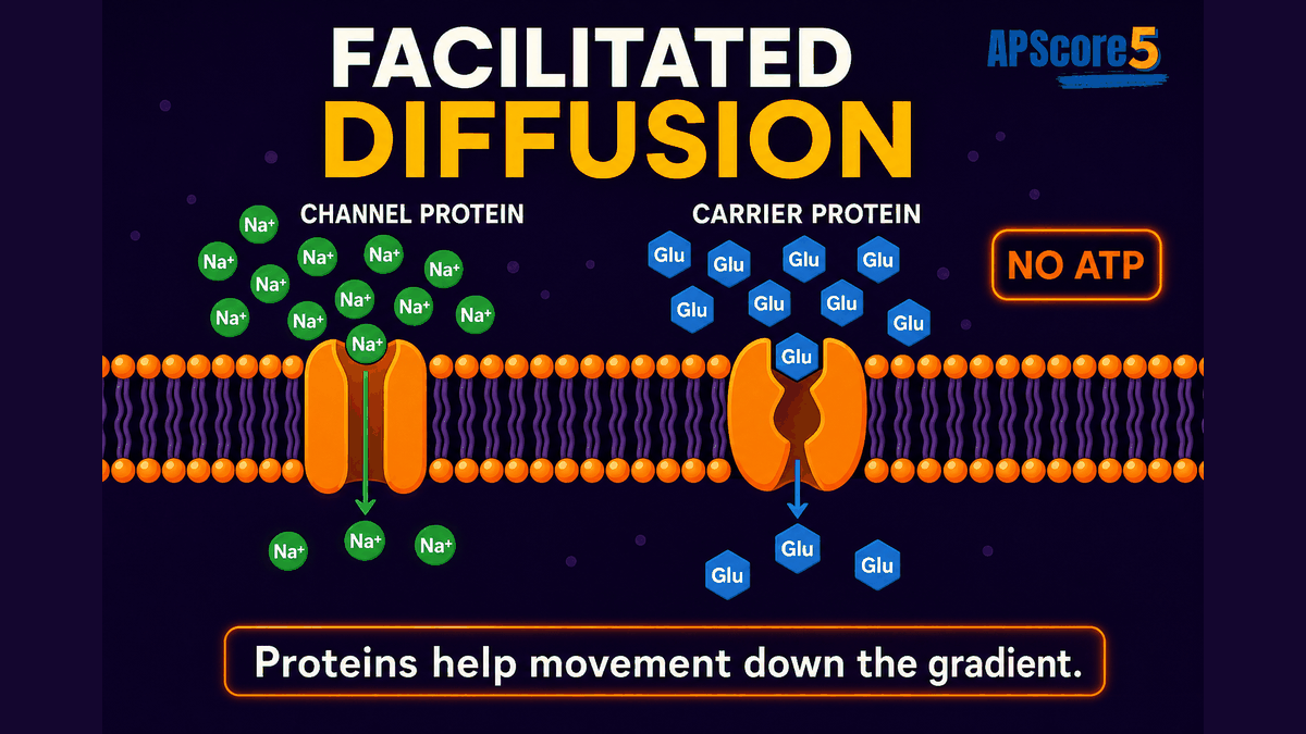 Facilitated diffusion AP Biology infographic showing ions and glucose moving through channel and carrier proteins down a concentration gradient