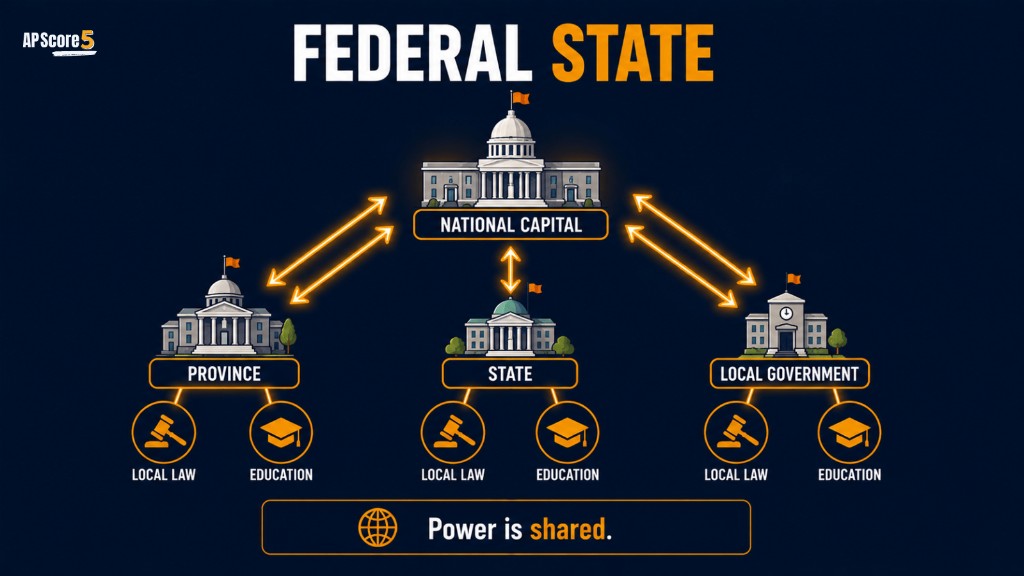 Federal state AP Human Geography image showing power shared between national and regional governments