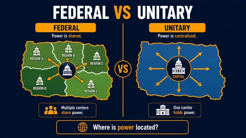 Federal vs unitary states AP Human Geography image showing shared regional power compared with centralized national power