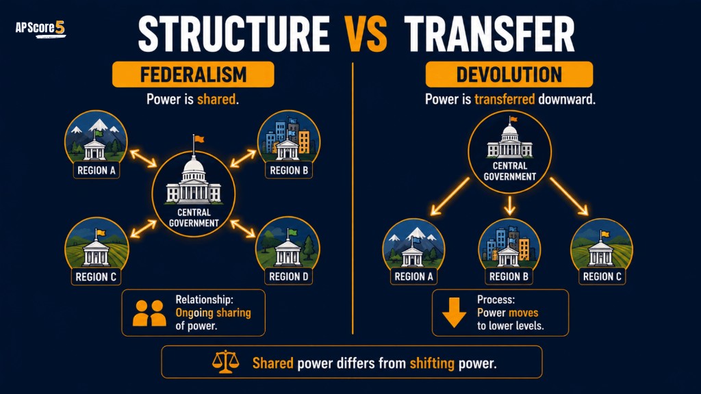 Federalism and devolution AP Human Geography image showing shared power and power transferred from central to regional governments
