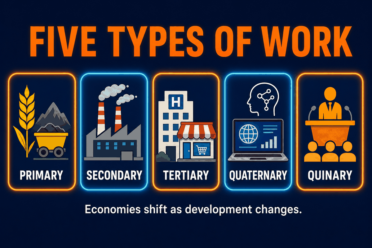 AP Human Geography five economic sectors infographic showing primary, secondary, tertiary, quaternary, and quinary work.