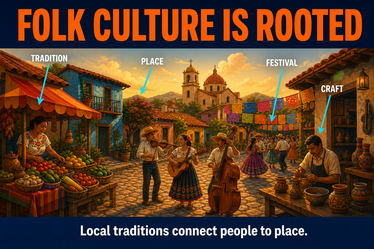 AP Human Geography folk culture visual showing local traditions village houses food crafts festivals and music connected to place