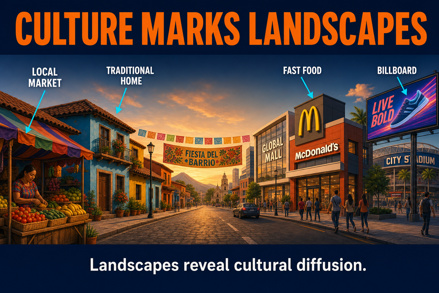 AP Human Geography cultural landscape visual comparing local folk culture features with global popular culture features