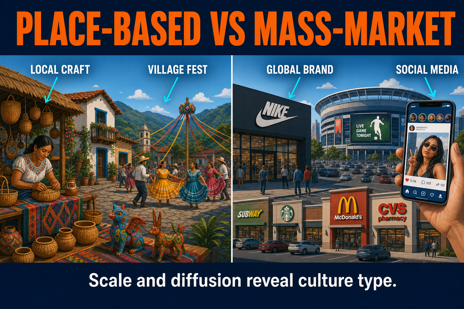 AP Human Geography comparison visual showing place-based folk culture and mass-market popular culture