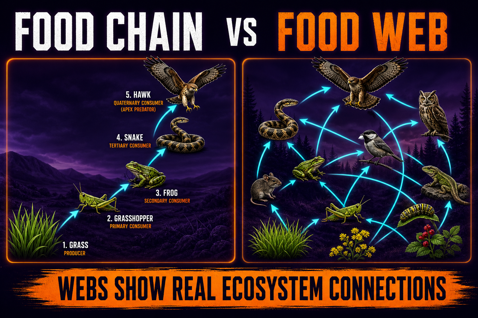 Food chain versus food web AP Biology showing energy arrows through simple and complex feeding relationships