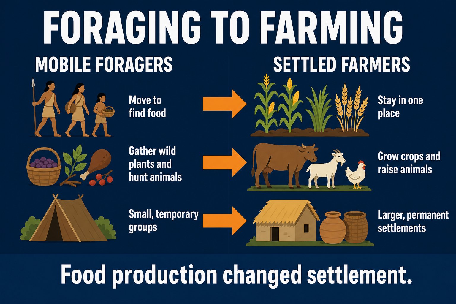 Foraging to farming AP Human Geography infographic comparing mobile foragers with settled farmers using crops, animals, and storage