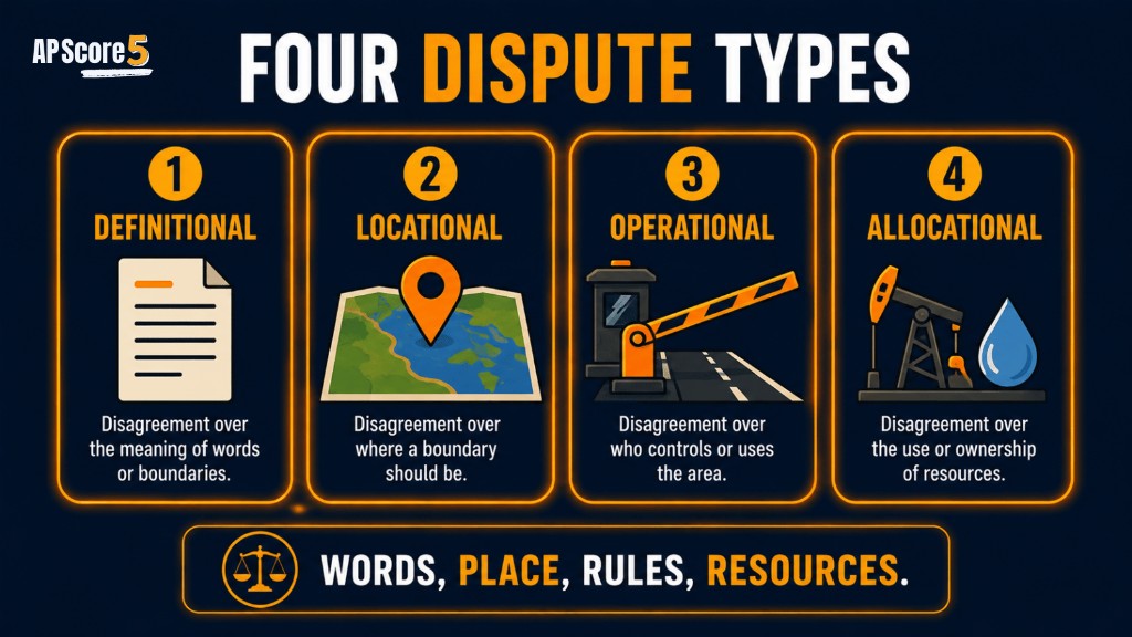 AP Human Geography infographic showing definitional locational operational and allocational boundary disputes
