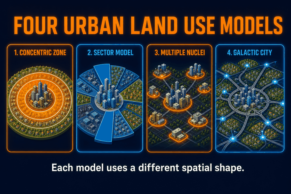 AP Human Geography four urban land use models infographic comparing concentric zone, sector, multiple nuclei, and galactic city patterns.