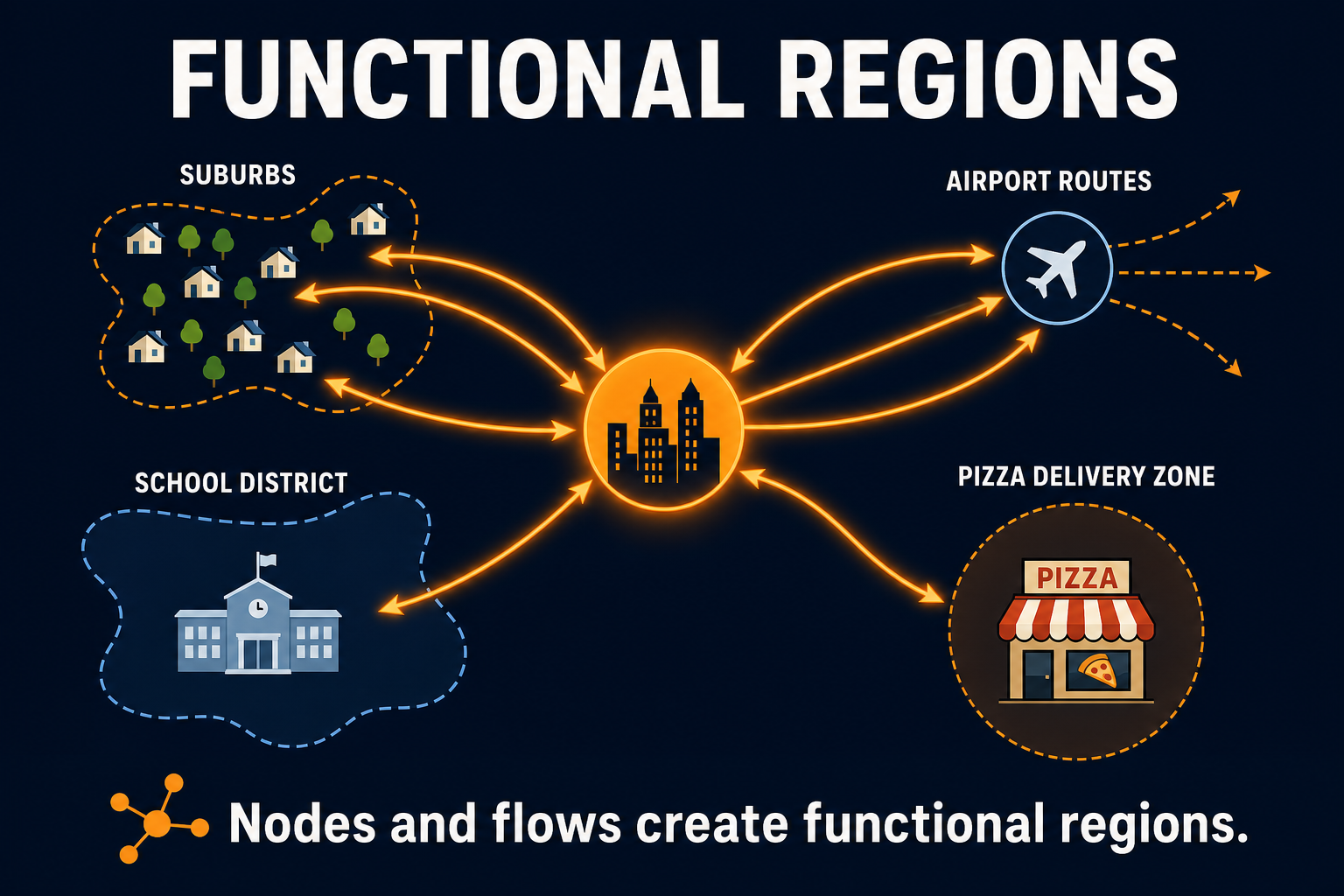 Functional region examples in AP Human Geography showing nodes, flows, service areas, commuting patterns, and delivery zones