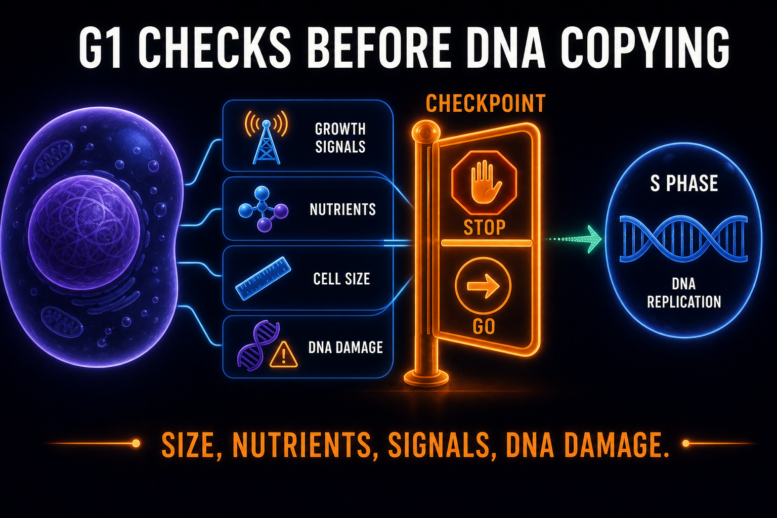 AP Biology G1 checkpoint infographic showing the cell checking size, nutrients, signals, and DNA damage before S phase