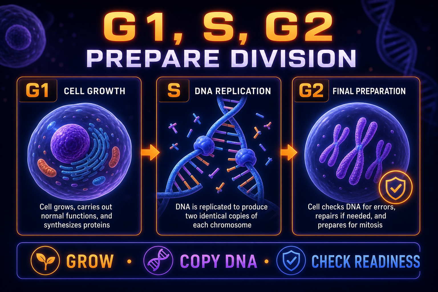 AP Biology G1 S G2 infographic showing growth, DNA replication, and preparation before mitosis