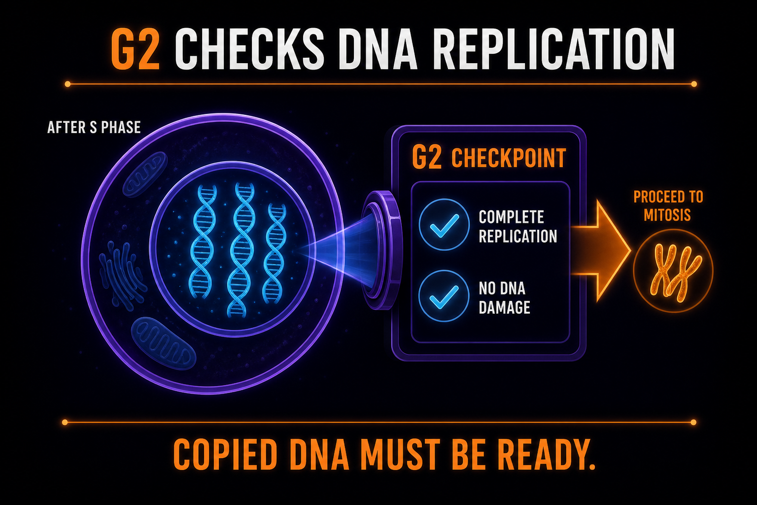 AP Biology G2 checkpoint infographic showing DNA replication and damage checks before mitosis