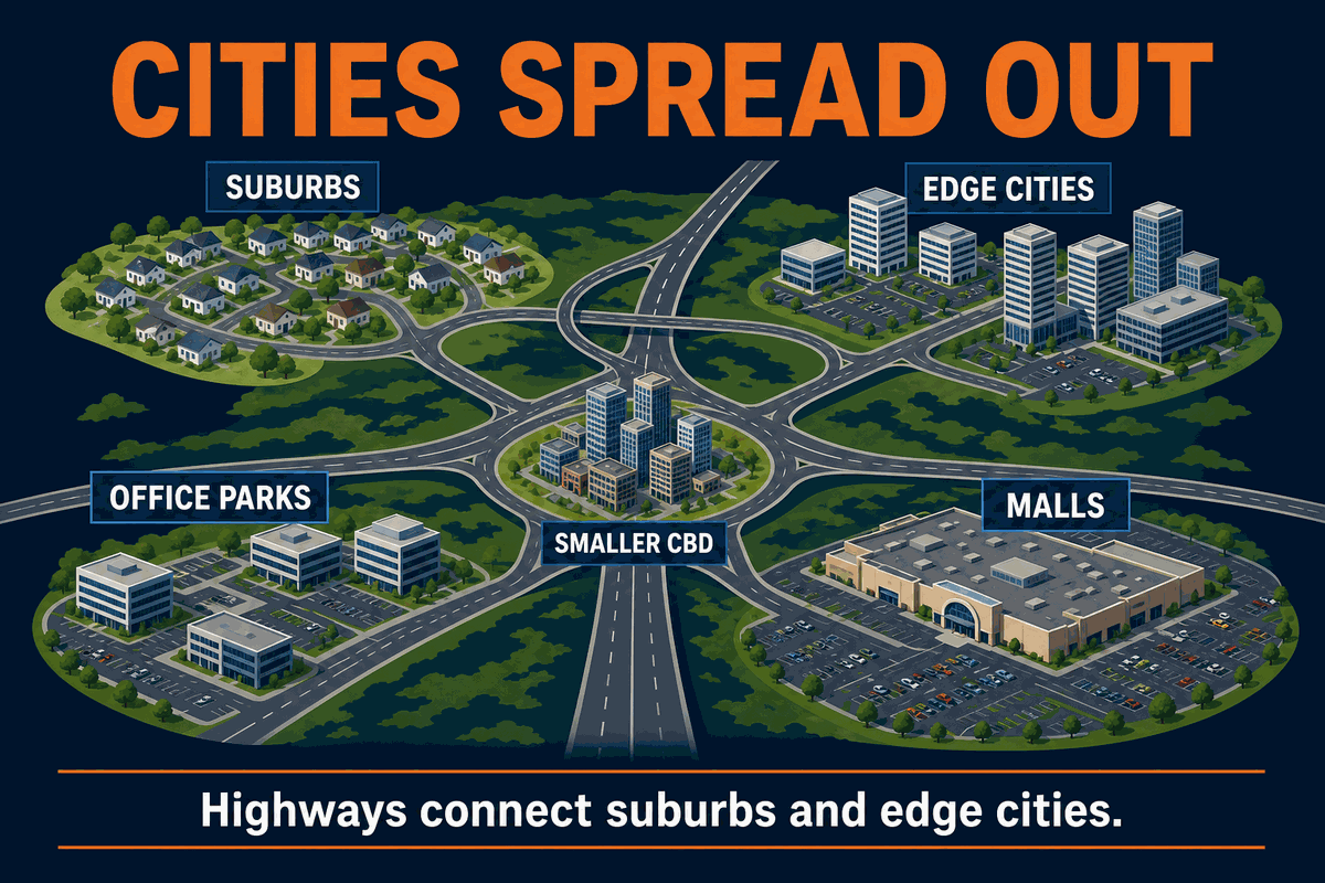AP Human Geography galactic city model infographic showing highways connecting suburbs, edge cities, office parks, malls, and decentralized urban nodes.