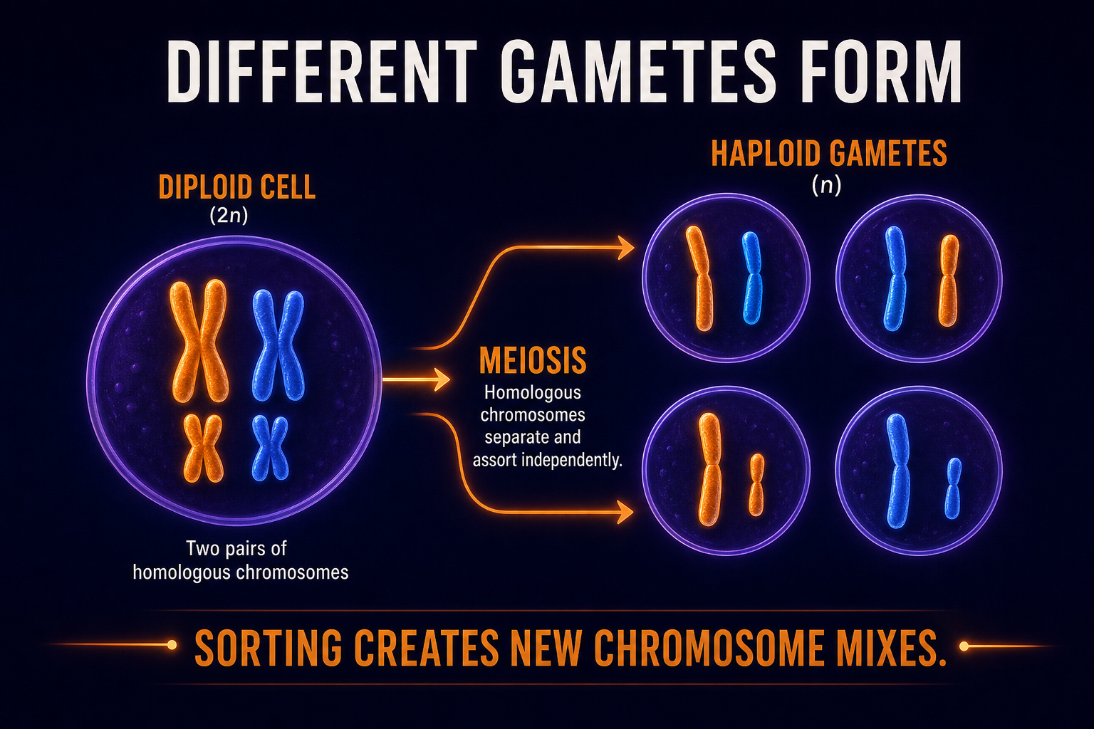 AP Biology gamete combination infographic showing independent assortment producing different chromosome combinations in gametes