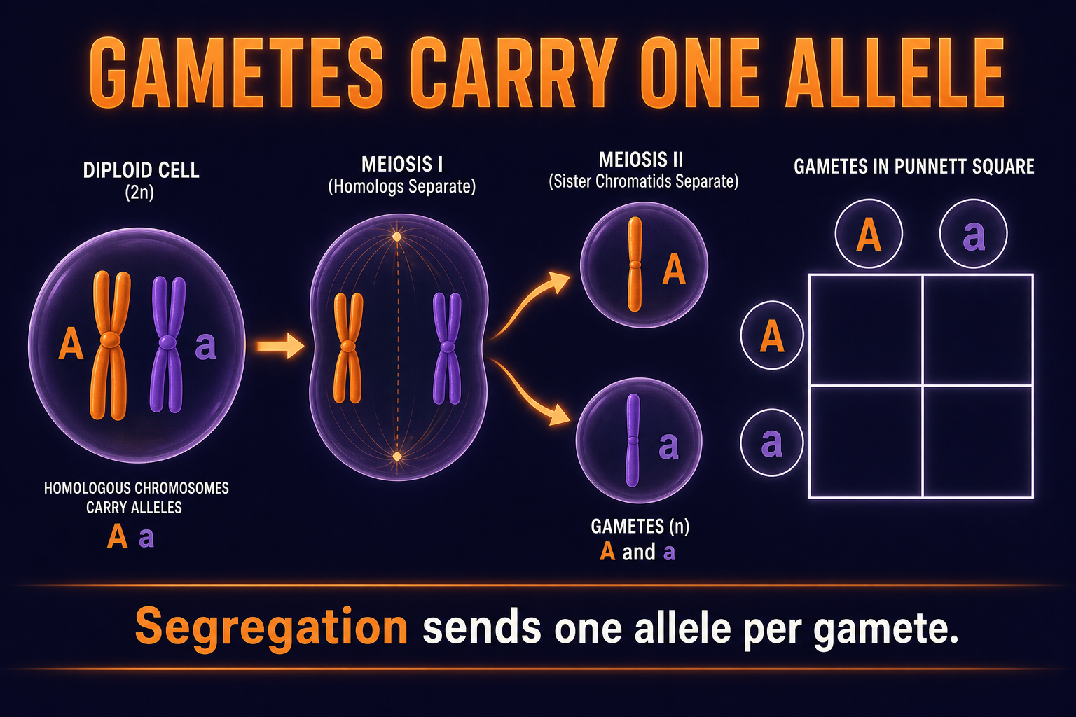 AP Biology Punnett square infographic showing gametes carrying one allele after segregation