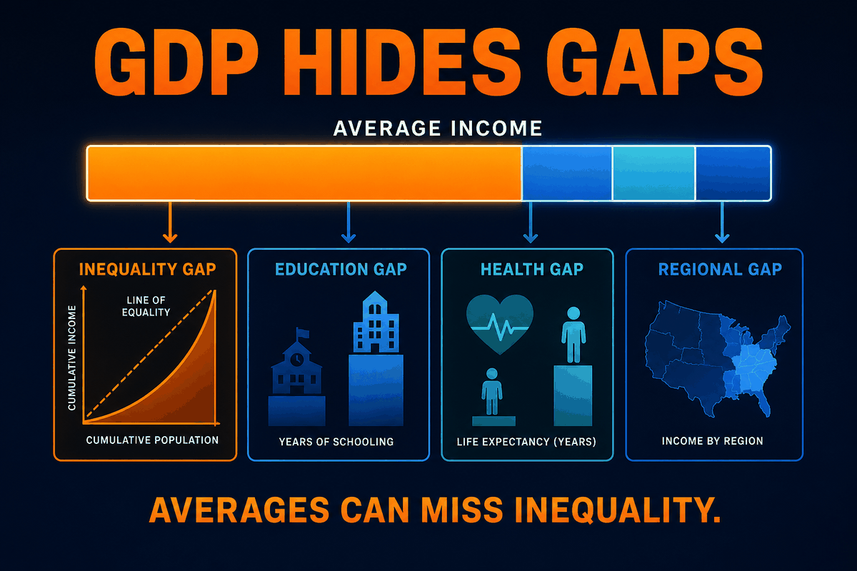 AP Human Geography GDP limitation infographic showing how GDP per capita can hide inequality, health gaps, education gaps, and uneven development.