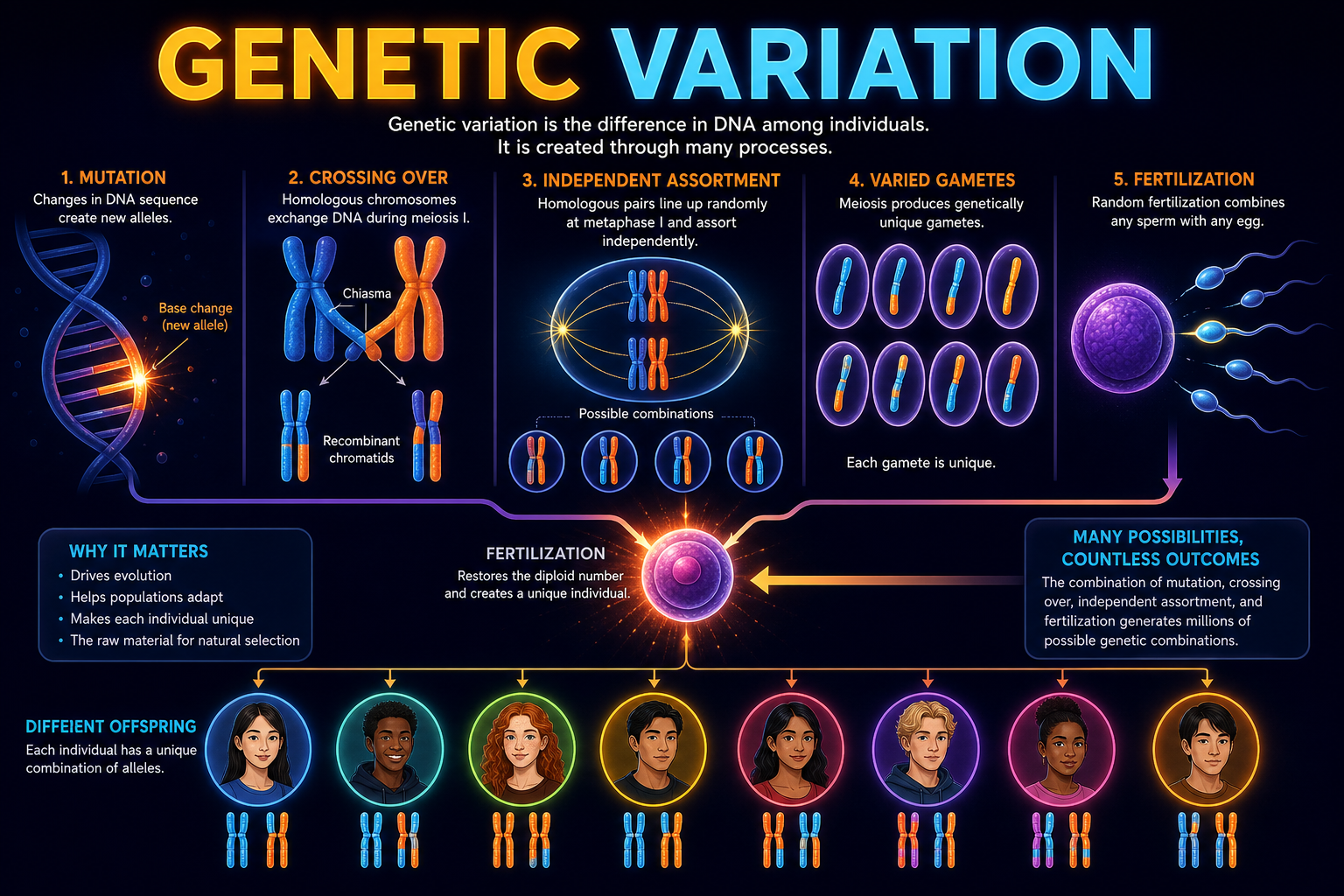 AP Biology genetic variation infographic showing meiosis, crossing over, independent assortment, random fertilization, and mutation