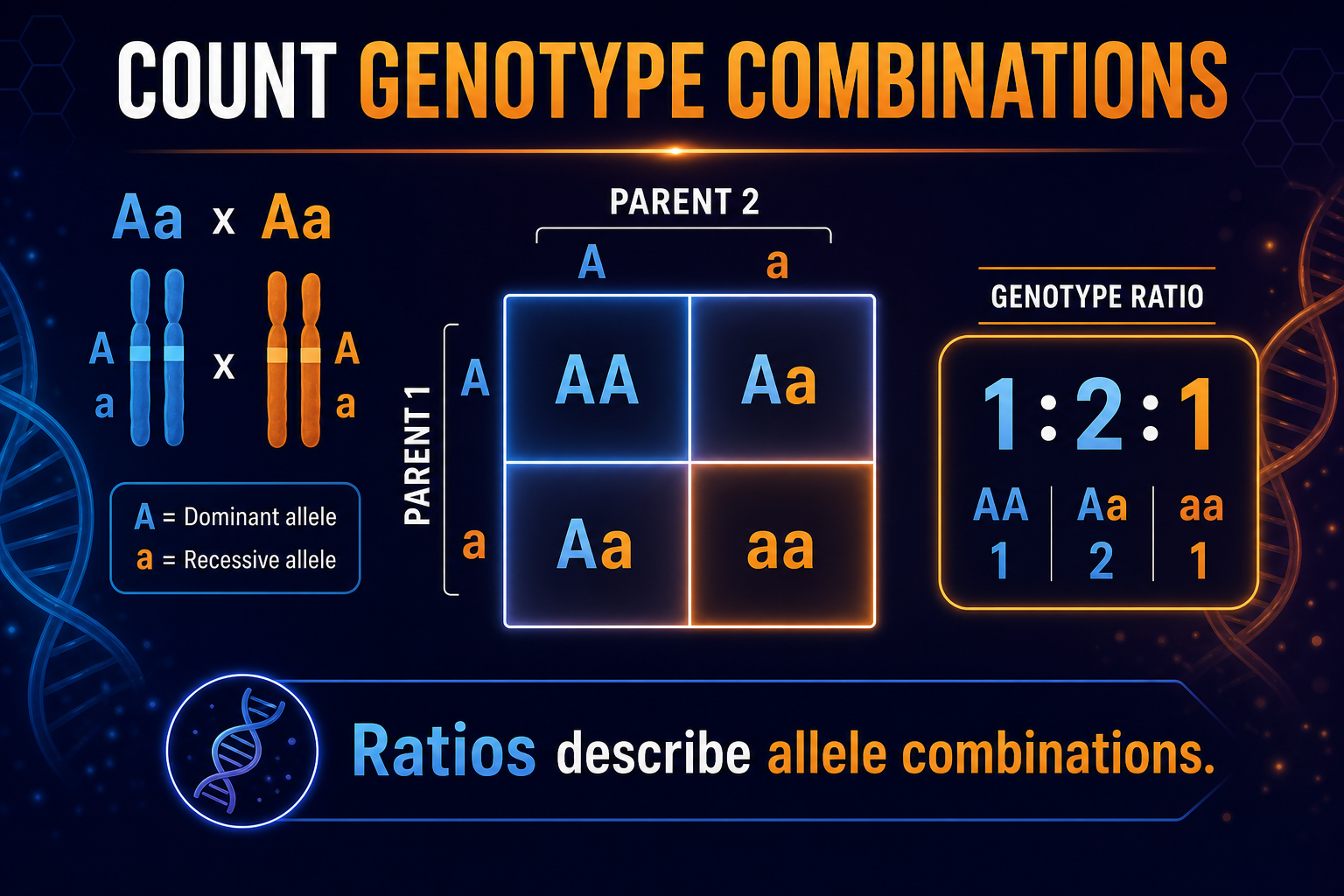 AP Biology genotype ratio infographic showing a Punnett square with AA, Aa, and aa allele combinations