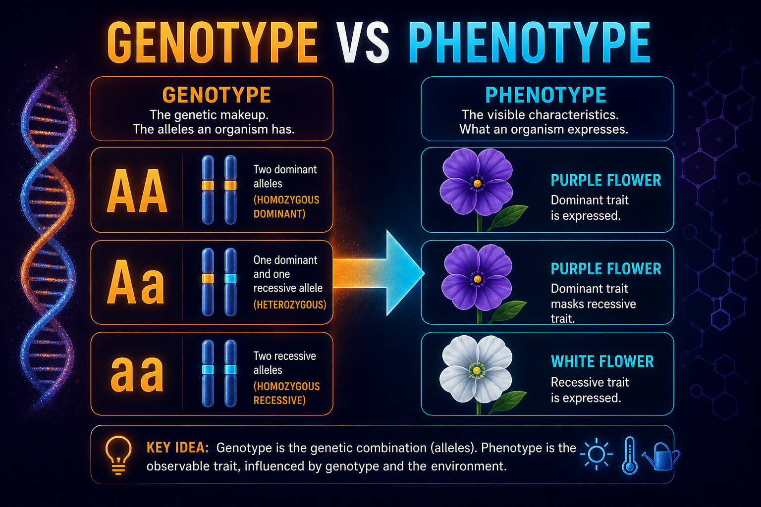 AP Biology genotype vs phenotype infographic showing allele combinations leading to expressed traits